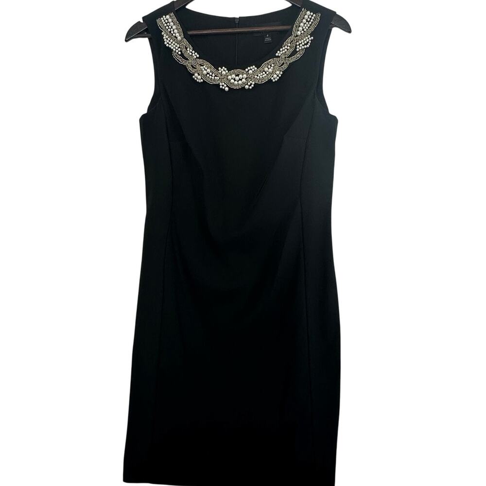 Connected Apparel Black Sheath Dress Womens 8 Pearl Beaded Neckline Cocktail